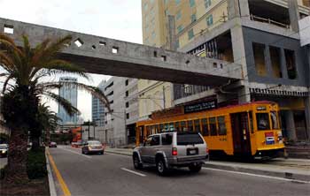 A pedestrian bridge that connects the new Embassy Suites Hotel to the Tampa Convention Center crosses South Franklin Street.